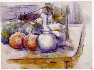 Natura Morta Con Carafe, Ciotola Da Zucchero, Bottiglia, Granadi E Anguria — Paul Cézanne