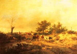Near Canterbury. A Boy On A Donkey Driving Cattle Along A Road, The Cathedral Beyond — Thomas Sidney Cooper