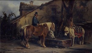 Deux Chevaux Et Un Âne À L'abreuvoir — Dubuisson Alexandre