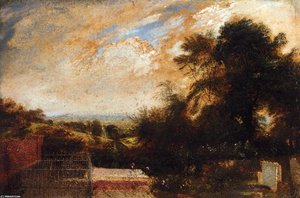 A Country Graveyard, Possibly Bunhill Fields, Finsbury, A Wooded Landscape Beyond — John Martin