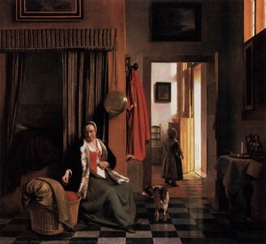 Mother Lacing Her Bodice Beside A Cradle — Питер Де Хух