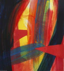 Red, Blue And Yellow Abstract With Red Triangle — Mark Rowan Hull