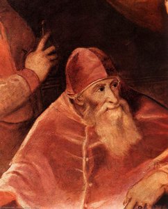 Pope Paul Iii With His Grandsons Alessandro And Ottavio Farnese (detail) — Titian