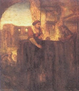 Kristus In Samarijanu Ob Vrtu. Rembrandtujeva Mojstrovina Iz Leta 1659, Ki Prikazuje Njegovo Neprekosanj Nadomestitev Svetlobe In Realizma V Biblijskem Prizoru. Ta Slika Vas Poziva K Razmislima O Empatiji In Božanskemu Milosti. Idealna Za Ljubitelje Umetn — Rembrandt