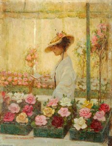 Woman In A Conservatory With Roses — Benjamin Haughton