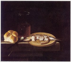 English Still Life With Herring, Bread, And Glass Of Beer — After Adriaen Coorte