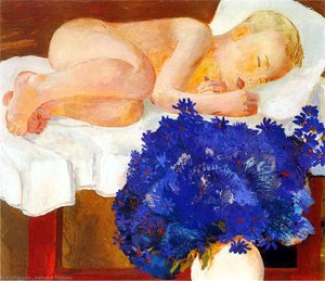 Sleeping Baby With Cornflowers — Aleksandr Deyneka