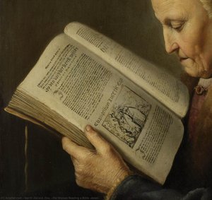Anziana Donna Che Legge La Bibbia (dettaglio) — Gerrit Dou
