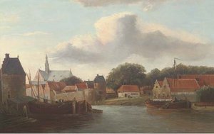 A Dutch river town with barges