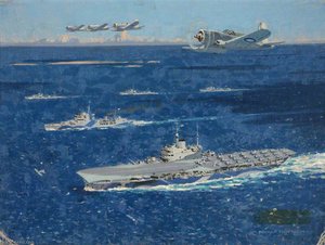 War In Pictures An Aircraft Carrier, A Cruiser And Three Destroyers — Norman Wilkinson
