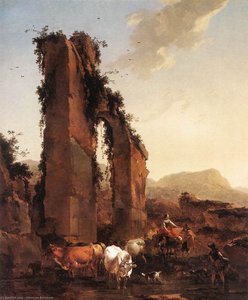 Peasants With Cattle By A Ruined Aqueduct — Nicolaes Pietersz Berchem