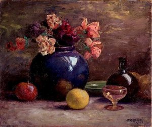 Flowers In Vase, Wine Glass And Fruit — Theodore Clement Steele