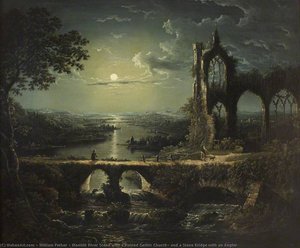 Moonlit River Scene With A Ruined Gothic Church, And A Stone Bridge With An Angler — William Pether