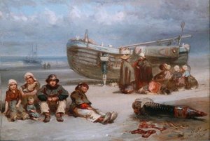 Fisherfolk With A Boat On The Seashore — Charles Rochussen