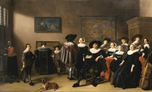 Family Portrait With Husband, Wife And Two Daughters Seated At A Table Draped In Red Cloth, A Son Playing A Lute, Another Son Holding A Fiddle Beside A Lady Playing The Virginal, A Maidservant Pouring Wine By The Window, And A Dog Resting On The Floor — Pieter Jacobsz Codde