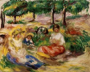 Tre Unge Piger Sidder I Græsset — Pierre-auguste Renoir