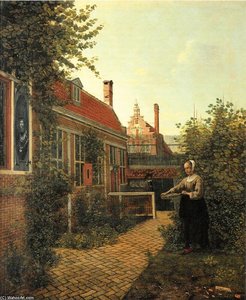 Woman With Basket Of Beans In The Kitchen Garden — Pieter De Hooch