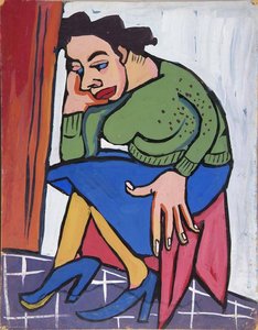 Woman In Green Sweater On Red Bench — William H. Johnson