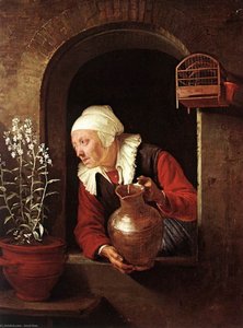 Anziana Che Annaffia I Fiori — Gerrit Dou