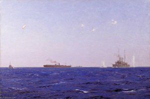 The Balloon Ship Hector With Kite Balloon Spotting Off The Left Flank, Dardanelles Operations, 1915 — Norman Wilkinson