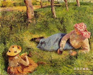 La Merienda, Niño Y Joven Campesina Descansando (también Conocida Como Descanso De La Tarde, Niña Y Joven Campesina Descansando) — Camille Pissarro