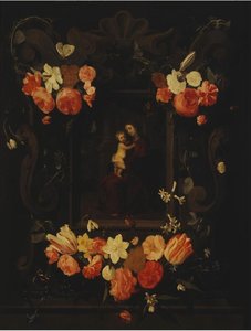 English Madonna And Child Framed A Garland Of Flowers — Erasmus Quellinus Ii