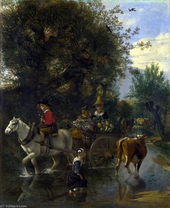 A Cowherd Passing A Horse And Cart In A Stream — Jan Siberechts