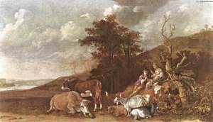 Landscape With Shepherdess And Shepherd Playing Flute — Paulus Potter