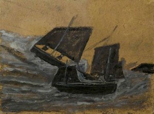 Two Black Boats Sailing Up Dark Grey Waves — Alfred Wallis