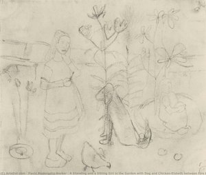 Una Niña De Pie Y Otra Sentada En El Jardín Con Perro Y Gallina/elsbeth Entre Lirios De Fuego — Paula Modersohn-becker