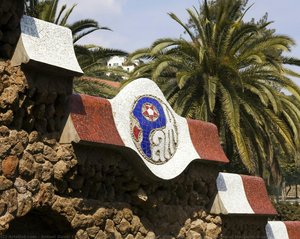 Park Guell, Barcelona: Mosaic Medallion Showing The Name Of The Park: Guell — Antoni Gaudí