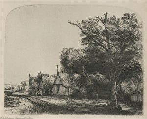 Paesaggio Con Tre Casette A Falde Spezzate — Rembrandt Van Rijn