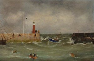 The New Harbour At Watchet Showing A Lifeboat On Call — Thomas Chidgey