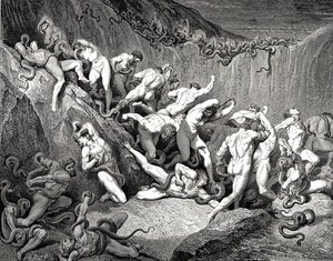العنوان بالعربية: الإ Inferno، الكانتا ٢٤، الأسطر ٨٩-٩٢. بين هذا العظمة المرعبة للأسى طار أرواح عارية مُغطاةً بالخوف الشديد، لم يكن لديهم أمل في شق حيث يختبئون، أو حليبتوب لإضفاء السحر عليهم من الرؤية. — غوستاف دوريه