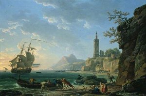 Een Kustmediterrane Landschap Met Een Nederlandse Koopvaardiger In Een Baai — Claude Joseph Vernet