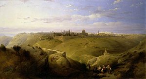 Jerusalem From The Mount Of Olives With Pilgrims Entering From The River Jordan — David Roberts