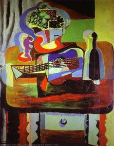 Guitarra, Botella, Cuchillo Con Fruta Y Vaso Sobre Mesa — Pablo Picasso