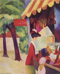 In Front Of The Hat Shop (woman With Red Jacket And Child) — August Macke