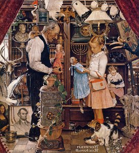 April Fool Girl With Shopkeeper — Norman Rockwell