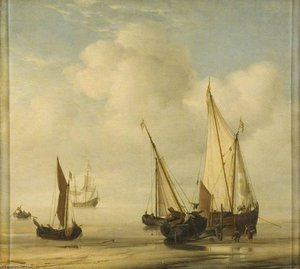 Un 'smalschip' Con Las Velas Desplegadas Anclado Cerca De La Orilla, Y Un 'boier' Varado — Willem Van De Velde El Anciano