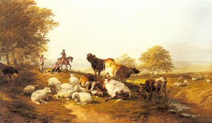 Cattle And Sheep Resting In An Extensive Landscape — Thomas Sidney Cooper