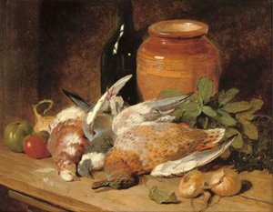 Still Life Of Dead Birds, Fruit, Vegetables, A Bottle And A Jar — John Frederick Herring Senior