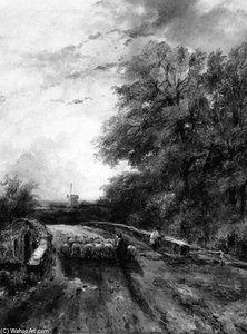A Shepherd And His Flock Crossing A Bridge, A Windmill In A Landscape Beyond — Frederick Waters (william) Watts