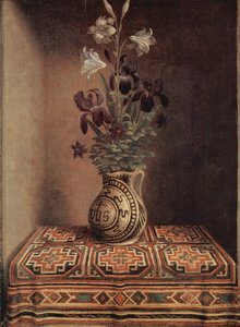 Stillleben Mit Einer Vase Mit Blumen. Die Rückseite Des Porträts Eines Betenden Mannes — Hans Memling