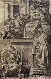 The Holy Family With Sts Anthony Abbot, Catherine And The Infant St John — Agostino Carracci