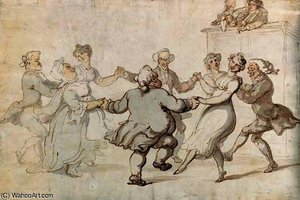 Figures dancing with musicians looking on