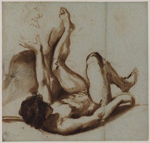 Nude Figure Of A Young Man Lying On His Back, With His Left Arm And Leg Raised — Guercino
