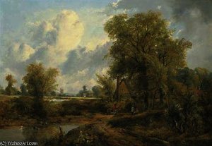 Wooded Landscape With Figures By A Cottage And A Church Beyond — Frederick Waters (william) Watts