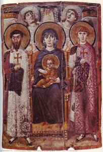 Virgin (theotokos) And Child Between Saints Theodore And George — Orthodox Icons