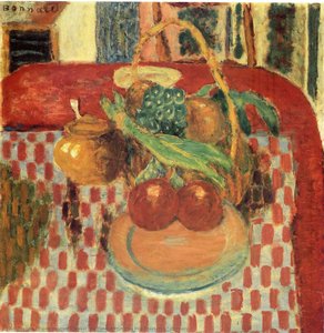 Basket And Plate Of Fruit On A Red Checkered Tablecloth — Pierre Bonnard